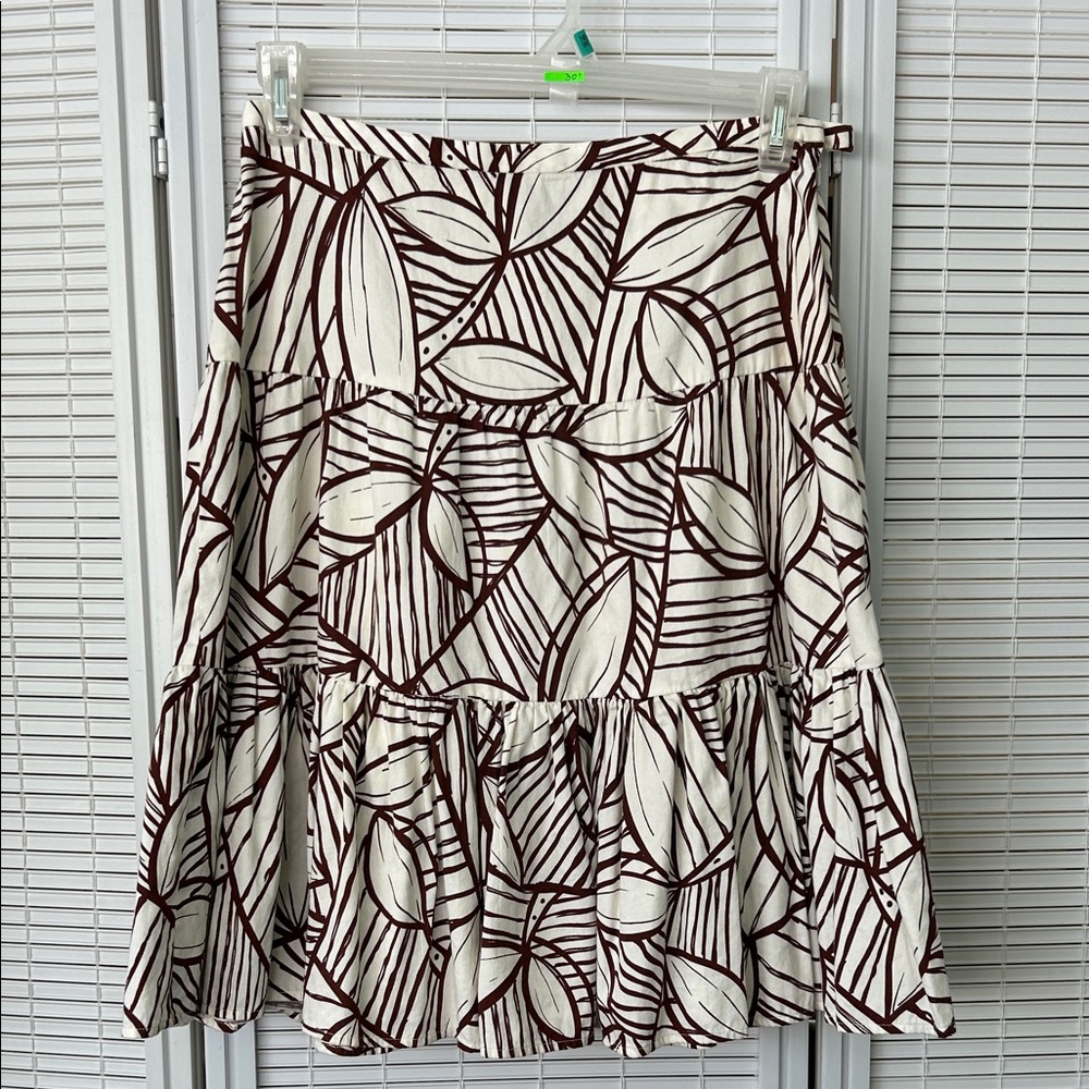 Willi Smith Brown and White Leaf A-Line Skirt